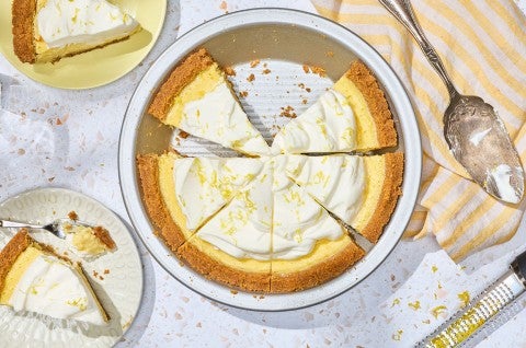 Lemon Cream Pie sliced in a pie pan, seen from above - select to zoom