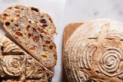 Baked bread loaf with design from banneton